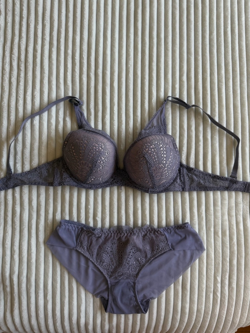 Lace-Trim Push-Up Bra & Brief Set in Slate Purple